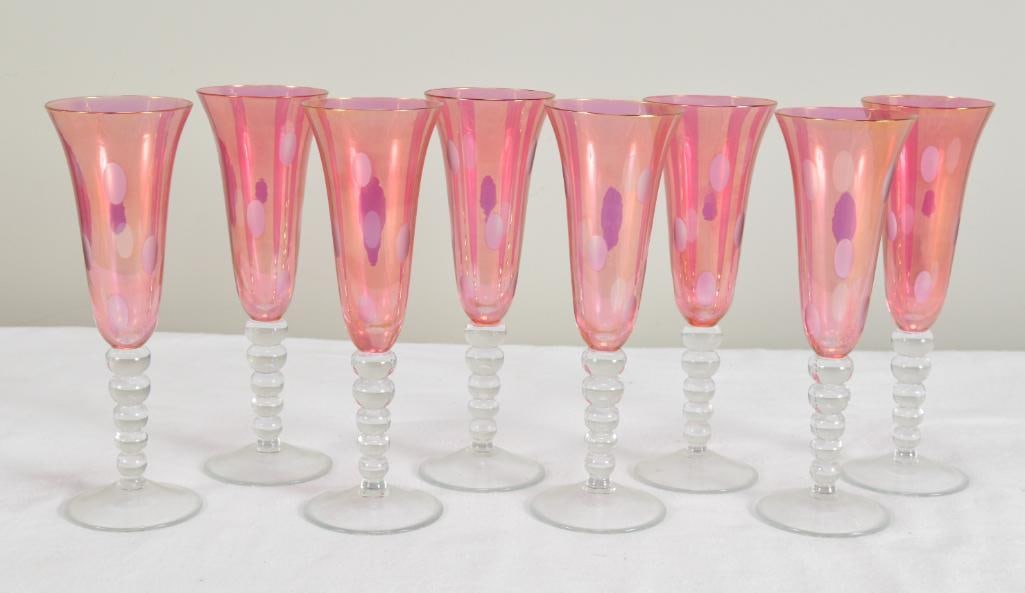 Six (6) Pink Cut Glass Champagne Flutes (1 of 4)