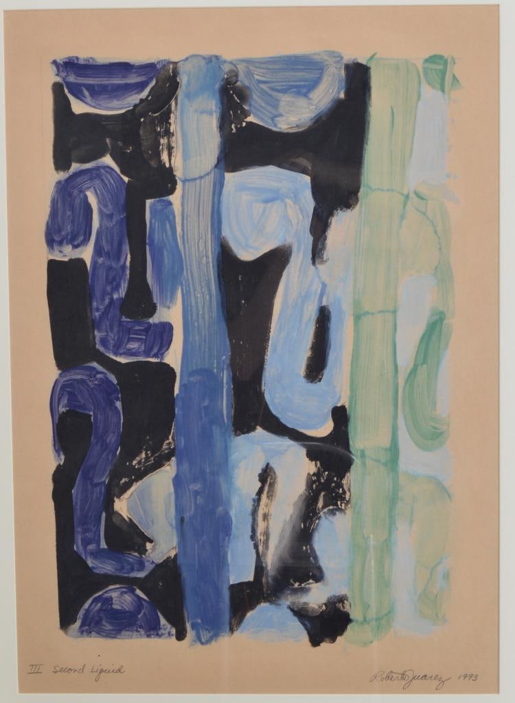Roberto Juarez (American, B 1952): Second Liquid III, 1993, , Acrylic on paper Signed, titled and dates lower margin Image: H 32.5 x W 22.75 inches; Frame: H 39 x W 28.75 inches Matted and glazed in black wood frame Conditio