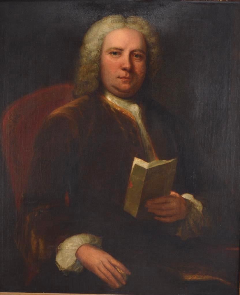 Attributed John Wollaston (English 1710-1775): David Putney ESQ, , Of the sitter at 3/4 length, holding a paper., Oil on canvas No apparent signatures Image: H 36 x W 30 inches; Frame: H 43 x W 37 inches Carved gilt wood frame Condition