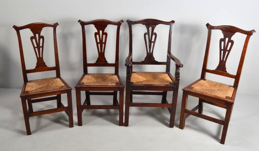 Four (4) George III Cane Seat Chairs: Including three (3) side chairs and one (1) armchair. With a shaped crest rail over a pierced splat, the drop in caned seat over four square legs supported by stretchers. Measurements for Armchair. D