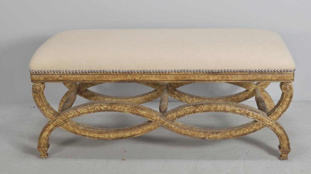 Regency Style Bench: With an upholstered top over a moulded apron, raised on scyma legs, distressed painted. By Uttermost Furniture Dimensions: H 19 x W 42 x D 17 inches NOTE: Wear consistent with age and use Property fro