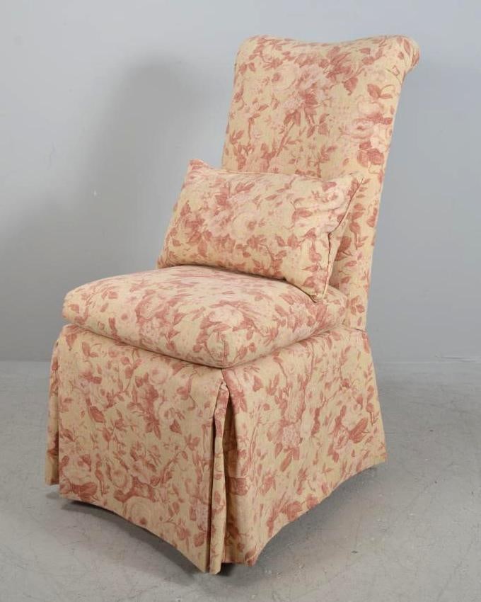 Upholstered Side Chair: With a shaped crest rail, pillow and cushion Dimensions: H 41 x W 19 x D 21 inches NOTE: Wear consistent with age and use