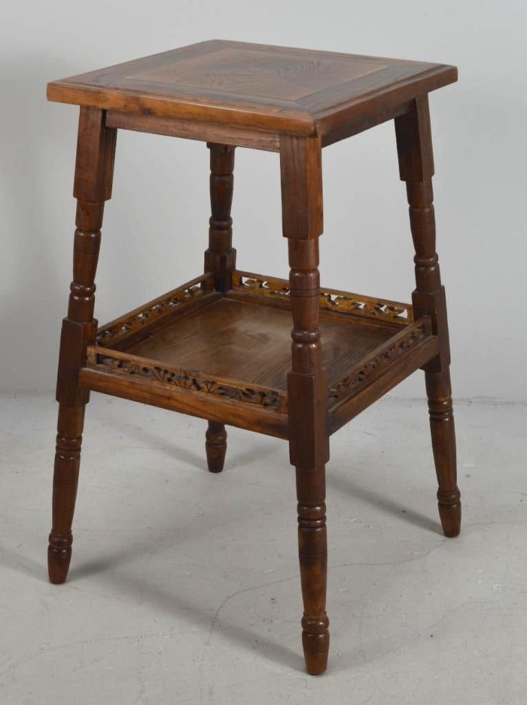 Craftsman Style Side Table: With a square top over a single galleried shelf, the whole raised on turned legs Dimensions: H 27 x W 17 x D 17 inches NOTE: Wear consistent with age and use Property from an Anchorage, KY home