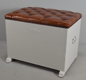 White Painted Trunk with Brown Leather Seat (Bench)
