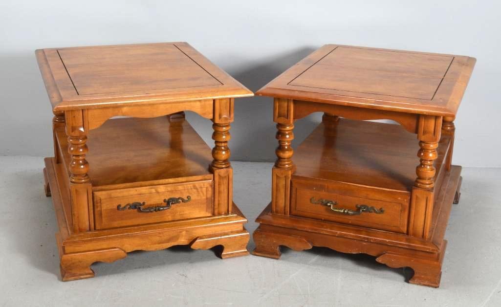 Pair of Oak Side Tables: Each with beveled rectangular top over a plain apron, the whole raised on ogee bracket feet.Dimensions: H 20 x W 21 x D 28 inchesNOTE: Nicks and losses to finish on topsProperty from an Anchorage, KY