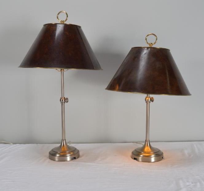 Pair of Metal Table Lamps: Each with a brown metal frame over a telescoping arm, raised on a round base. Dimensions: H 26 x W 6.5 x D 6.5 inches NOTE: Good condition Property from an Anchorage, KY home