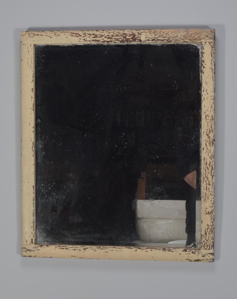 Distressed Finish Mirror: With distressed white rails and beveled glass Dimensions: H 26.25 x W 22.25 x D 0.5 inches NOTE: Wear consistent with age and use Property from an Anchorage, KY home