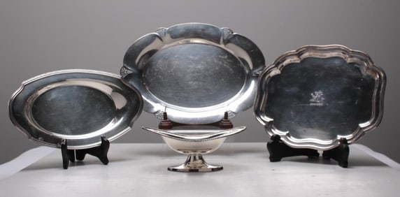Three Silverplate Trays and a Candy Dish