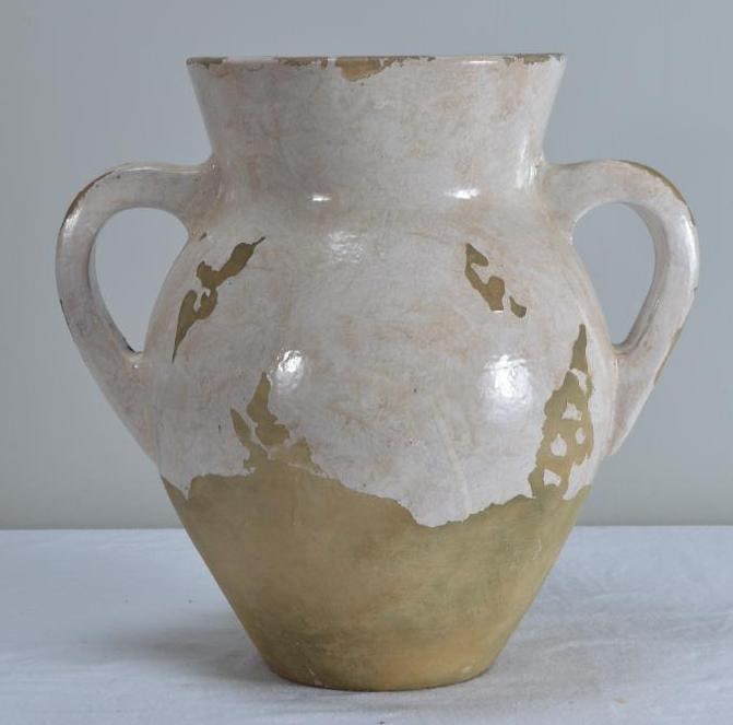 Large White Ground Urn: Also known as a vessel or gargoulette, with a mottled and impartial glaze. Dimensions: H 15.5 x W 17 x D 15 inches NOTE: Good condition Property from an Anchorage, KY home