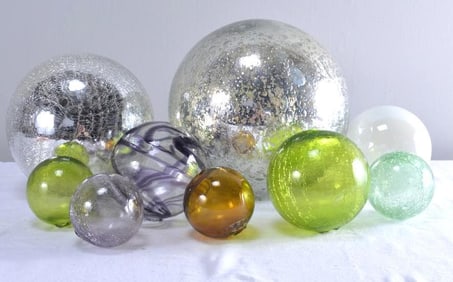 Nine (9) Decorative Glass Balls in a Basket