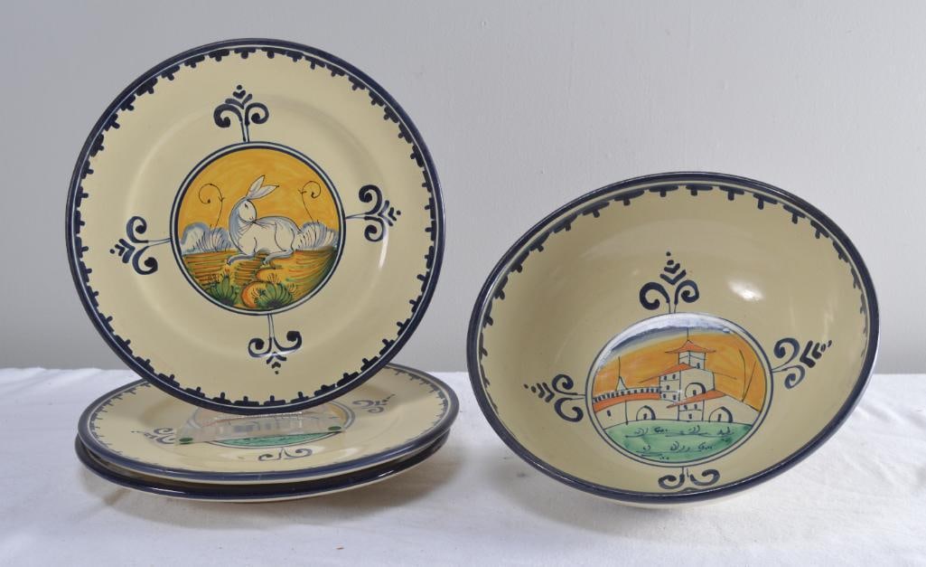 Corso del Fiori Partial Dinner Service: Corso del Fiori, Italy. 14 pieces including: Salad Bowl, four soup bowls, four dinner plates, three mugs, creamer and sugarDimensions: H 4 x W 11 x D 11 inchesNOTE: No evidence of chips, cracks or rep