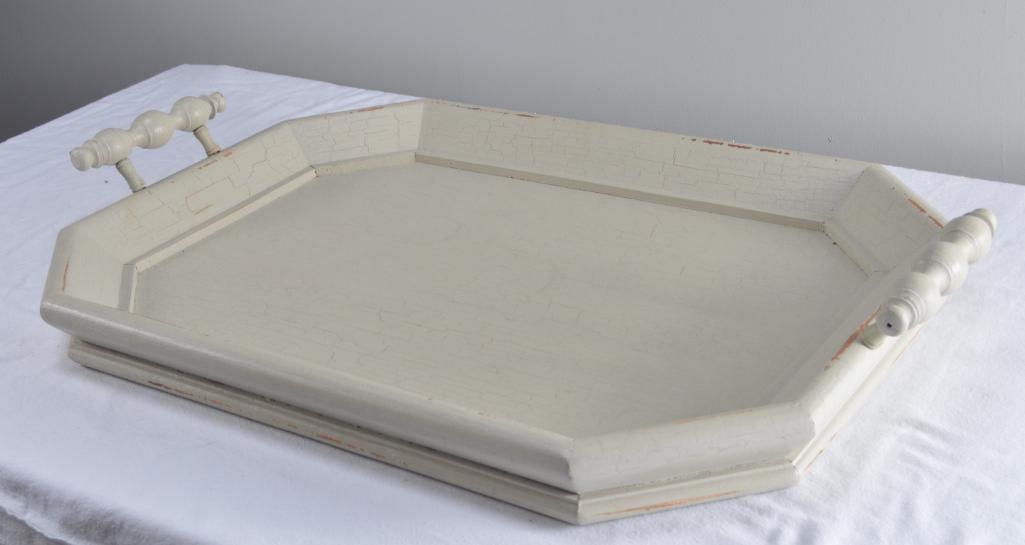 White Distressed Finish Butler's Tray: With beveled rim and plain interior Dimensions: H 3 x W 31 x D 20 inches NOTE: Good condition Property from an Anchorage, KY home