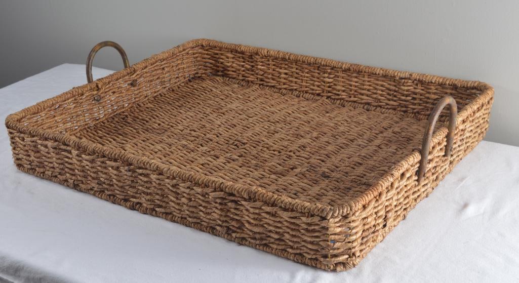 Large Basket Butler's Tray: Of rough woven rope Dimensions: H 4.5 x W 24 x D 31 inches NOTE: Good condition Property from an Anchorage, KY home