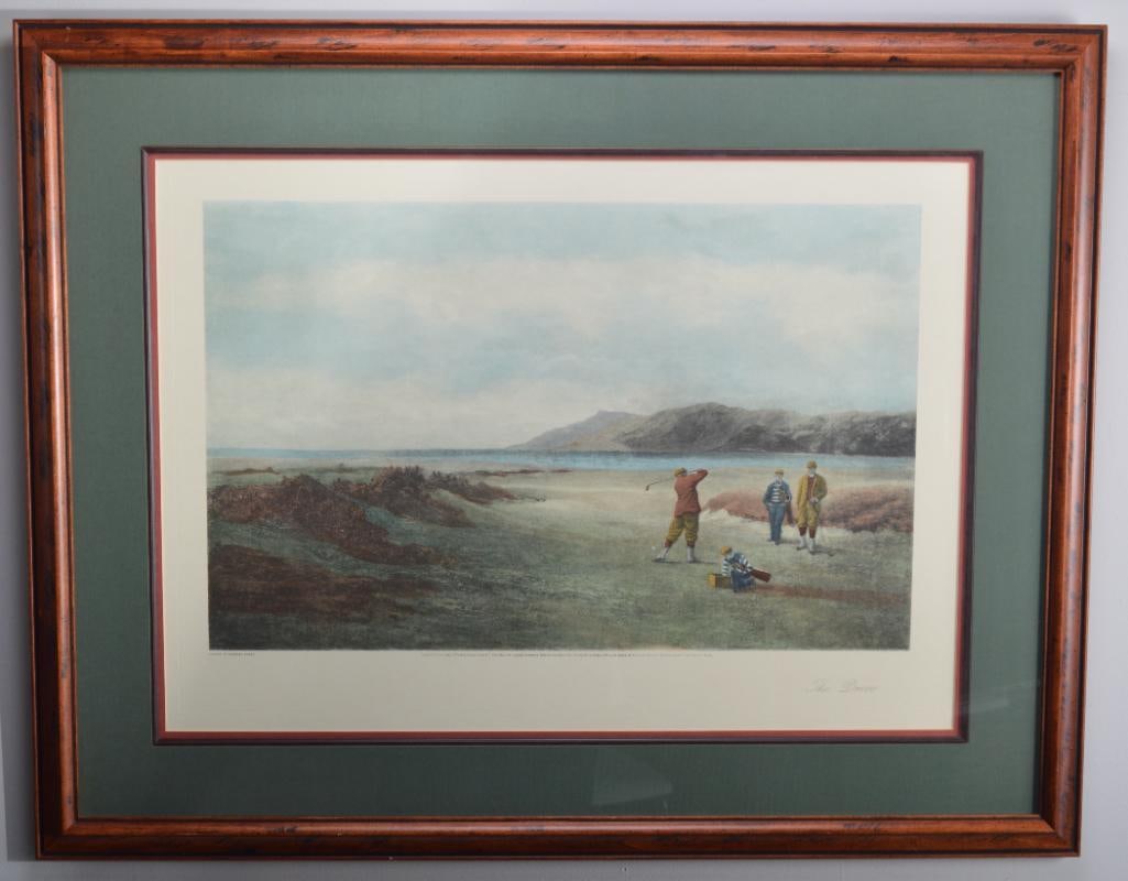 Douglas Adams (British 1853- 1920): The Driver, Golfer Teeing off with two bystanders Lithograph Published by Henry Graves in 1894 Image: H 18 x W 26 inches; Frame: H 27 x W 34 inches Matted and glazed in wood frame Condition