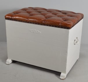 White Painted Trunk with Brown Leather Seat (Bench)