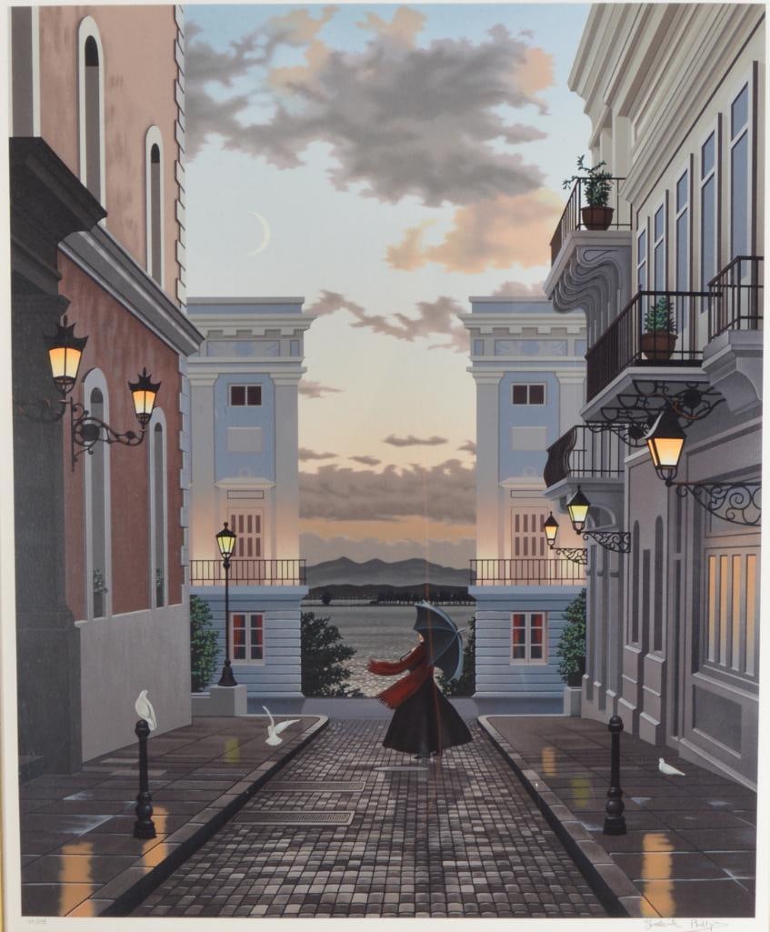 Frederick Phillips (British, 1952 - ): After the Rain, Of a woman in the street after a rainstorm, body of water visible in background, 129/275 Serigraph on paper Signed and editioned lower margin Image: H 33 x W 28 inches; Frame: H 48 x