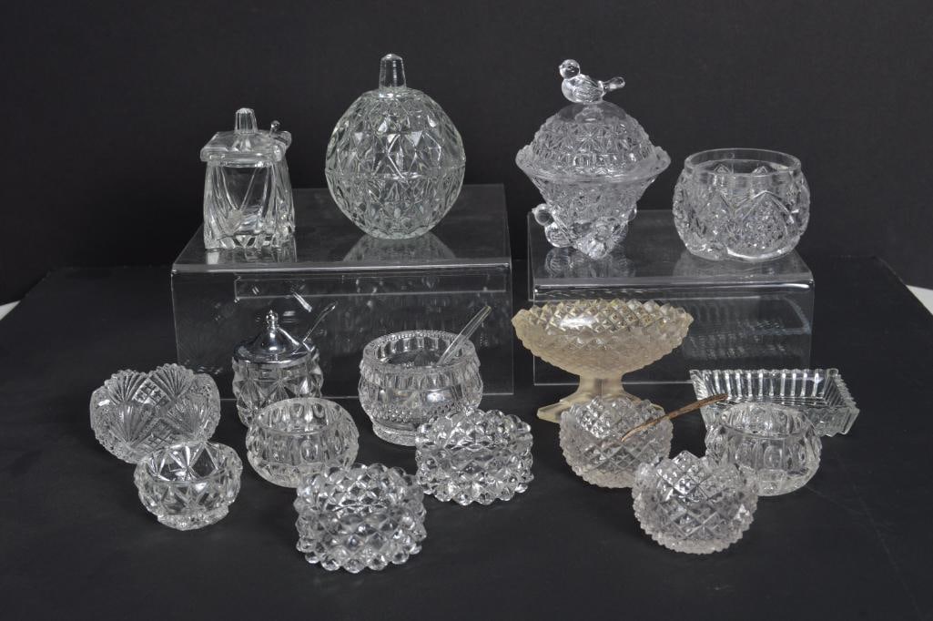 Collection of Cut Glass Salts: Some with lids. Dims are for bird top piece. Dimensions: H 3.5 x W 3 x D 3 inches NOTE: Good Condition Overall