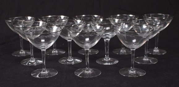 Twelve (12) Etched Champagne/Coupe Glasses