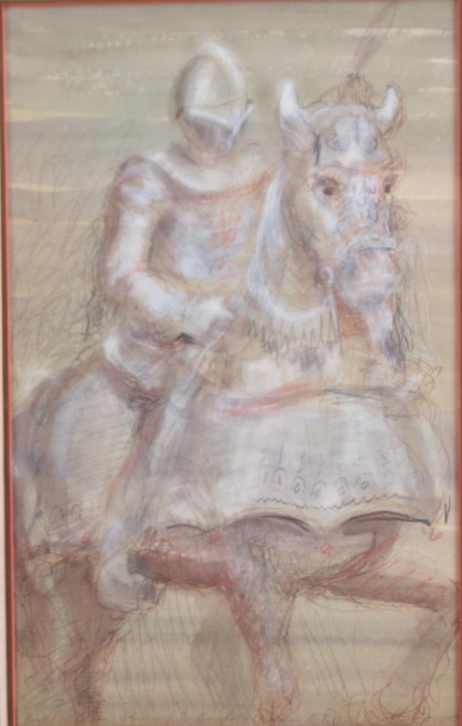 Orville Carrol (Indiana, 1912-1978): Knight in Armor, 1970, From opening of the Indianapolis Museum of Art, October 1970, Pastel on Paper Titled and signed lower margin Image: H 15 x W 9.25 inches; Frame: H 22.5 x W 16.5 inches Matted an