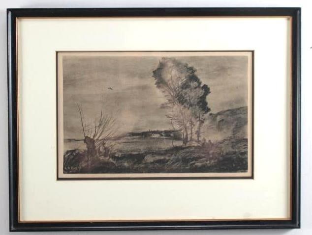After Jean-Baptiste-Camille Corot (France, 1796-1875): , , Tree on lake , Lithograph signature in plate lower left Image: H 10 x W 14 inches; Frame: H 17 x W 22 inches wood, with matte Condition: Good