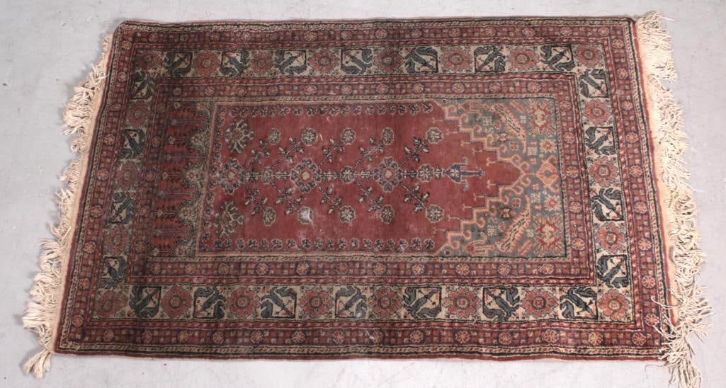 4' 6" x 2' 11" Tabriz Rug: Small area rug Dimensions: W x L: 54 x 35 inches Color: Brown, Gold, Navy Weave: Hand Material: Wool Country: Iran Condition: Fair. Significant wear