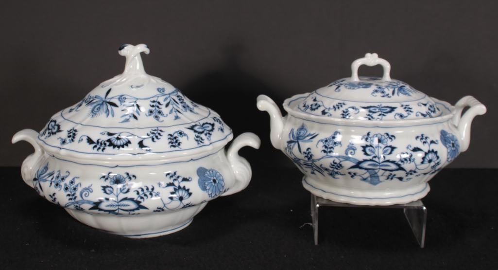 Pair of Blue Danube Tureens: Largest with a ladle cutout (9 x 12 x 9.25 in.). the smaller is (7 x 11.25 x 8.75 in.) Dimensions: H 9 x W 12 x D 9.25 inches NOTE: Good