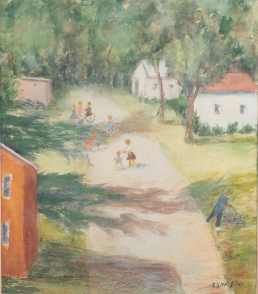Edna Finn (American, 20th Century): Untitled , , Families playing games in the suburban neighborhood , Watercolor Signed lower right Image: H 14 x W 12 inches; Frame: H 19 x W 17 inches Framing Condition: good with slight distressing on