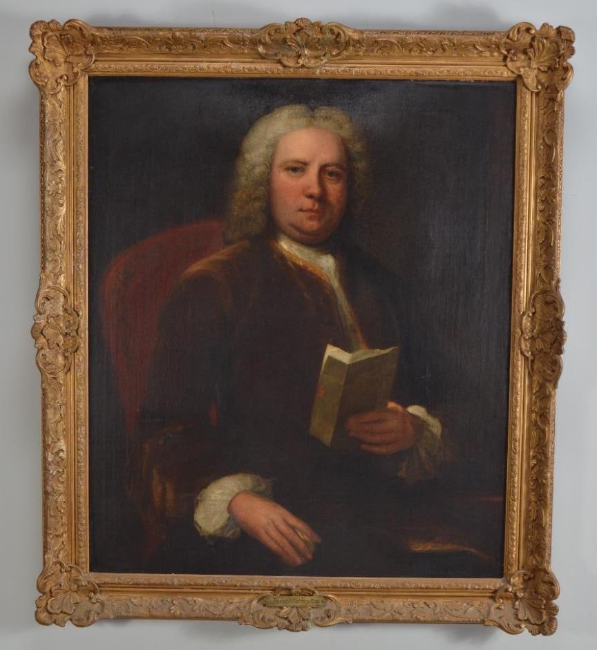 Attributed John Wollaston (English 1710-1775): David Putney ESQ, , Of the sitter at 3/4 length, holding a paper., Oil on canvas No apparent signatures Image: H 36 x W 30 inches; Frame: H 43 x W 37 inches Carved gilt wood frame Condition
