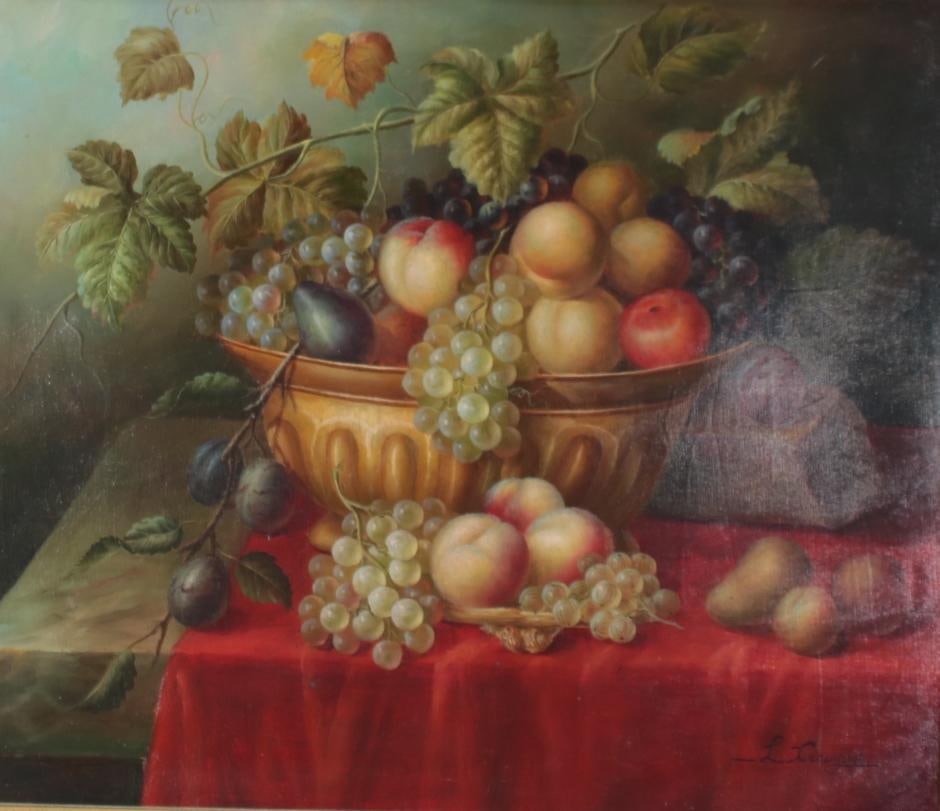 L. Xiaoyun (Chinese, 20th Century): Still Life With Flowers, Fruit and flowers in bowl, Oil on Canvas Image: H 20 x W 24 inches; Frame: H 29 x W 32 inches Carved Gold Frame Condition: Good condition