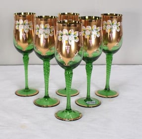 Six (6) Bohemian Crystalex Hand Decorated Glasses