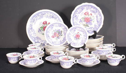 Spode "Mayflower" Service for 12: Copeland England Spode Mayflower Pattern China, purple with roses. Twelve (12) Dinner plates, Twelve (12) Salad Plates; Twelve (12) Bread Plates; Twelve (12) Cups and Saucers; One (1) Platter (12.75 i