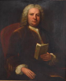 Attributed John Wollaston (English 1710-1775): David Putney ESQ, , Of the sitter at 3/4 length, holding a paper.,  Oil on canvas No apparent signatures Image: H 36 x W 30 inches; Frame: H 43 x W 37 inches Carved gilt wood frame  Condition