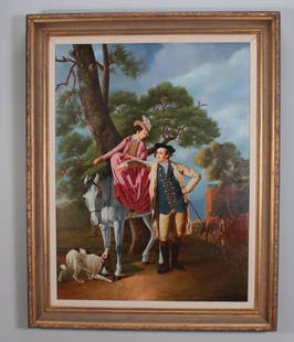 After Joseph Wright of Derby (British, 1734-1797): Mr. &amp; Mrs. Coltman, reproduction of painting by Joseph Wright of Derby,  Oil on Canvas Signed Bernard Image: H 39 x W 30 inches; Frame: H 48 x W 38 inches Gold Cove Frame with linen liner