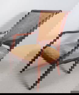 George III Style Mahogany Armchair: With a scrolling crestrail over an upholstered back, the upholstered seat flanked by shaped arms and stumps, the whole raised on tapering square legs Dimensions: H 39 x W 27 x D 30 inches NOTE: