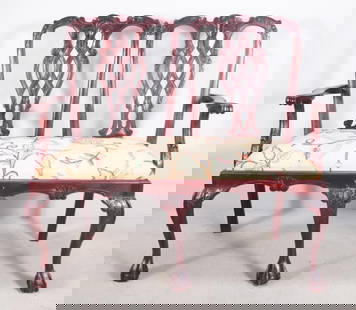 George III Style Double Chair Back Settee: With a shaped crestrail over pierced and carved back splats, the upholstered seat flanked by two carved and shaped arms and stumps, the whole raised on carved cabriole legs ending in ball and claw