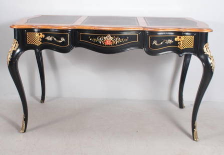 Louis XV Style Bureau Plat: With a shaped top with three inset leather writing surfaces, the body, black lacquer and painted flowers with parcel gilt, raised on four cabriole legs with ormolu mounts and ending in sabots. Label