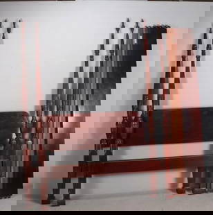 Queen Size Cherry Four Poster Bed: Heavily carved posts with wheat stalk carving Dimensions: H 88 x W 63 x D 86 inches NOTE: Wear consistent with age and use