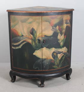 Painted Corner Cabinet: With a moulded top over two doors, the whole painted with orchids, raised on four bracket feet. Dimensions: H 34 x W 28 x D 20 inches NOTE: Wear consistent with age and use
