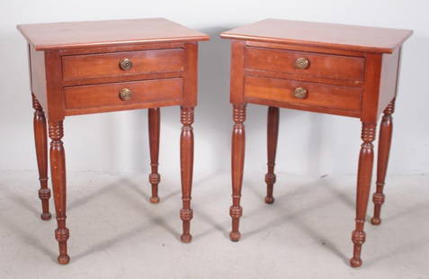 Pair of Federal Style Cherry Worktables: Each with a square top over two drawers, raised on four turned legs. Manufactured by Willett. Dimensions: H 28 x W 21 x D 17 inches NOTE: Scratches to top