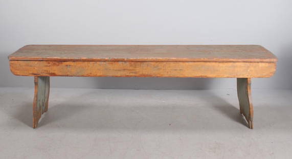 Antique Painted Bench: 19 C. With a rectangular seat over a plain frieze, raised on plank legs Dimensions: H 20 x W 65 x D 14.5 inches NOTE: Wear consistent with age and use
