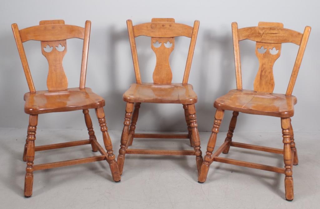 Three (3) Fruitwood Side Chairs: With a shaped crest rail over a pierced splat, the shaped seat raised on four turned legs supported by stretchers. Dimensions: H 34 x W 19 x D 19 inches NOTE: Wear consistent with age and use