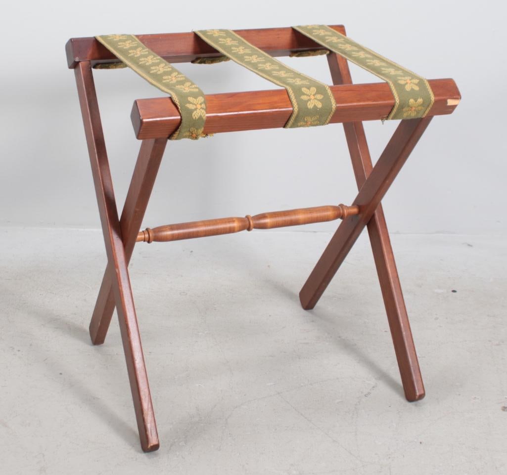 Luggage Rack: With fabric straps Dimensions: H 21 x W 18 x D 15.5 inches NOTE: Wear consistent with age and use