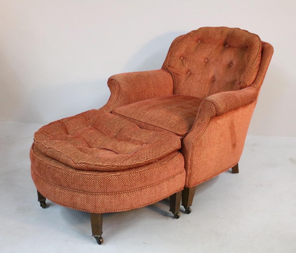 Club Chair and Ottoman: Upholstered club chair and a single ottoman. Dimensions: H 32 x W 32 x D 36 inches NOTE: Fair