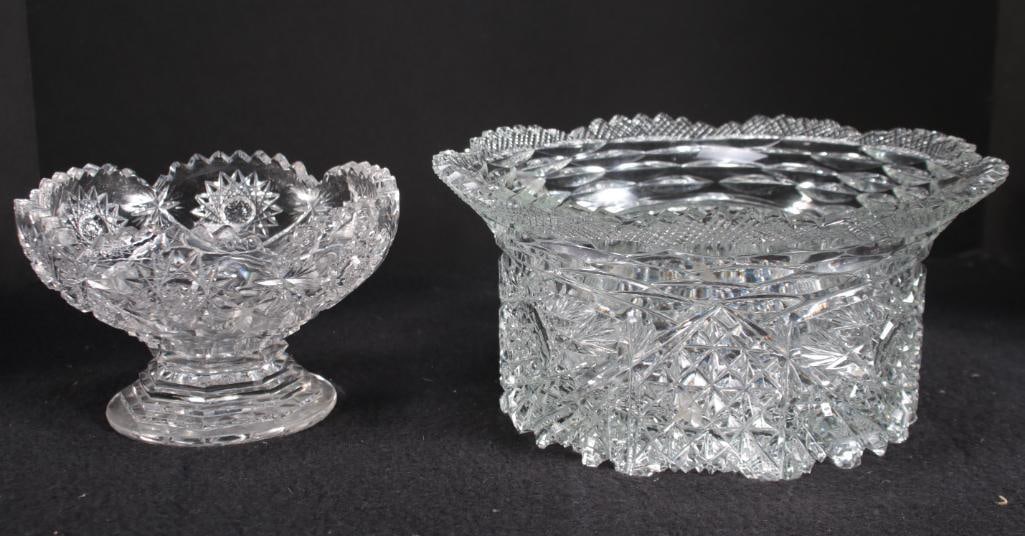 Pair of Crystal Bowls: Round large (5 in. by 10.5 in.) and 4 in. by 7 in. smaller bowl Dimensions: H 5 x W 10.5 x D 10.5 inches NOTE: Wear consistent with age and use