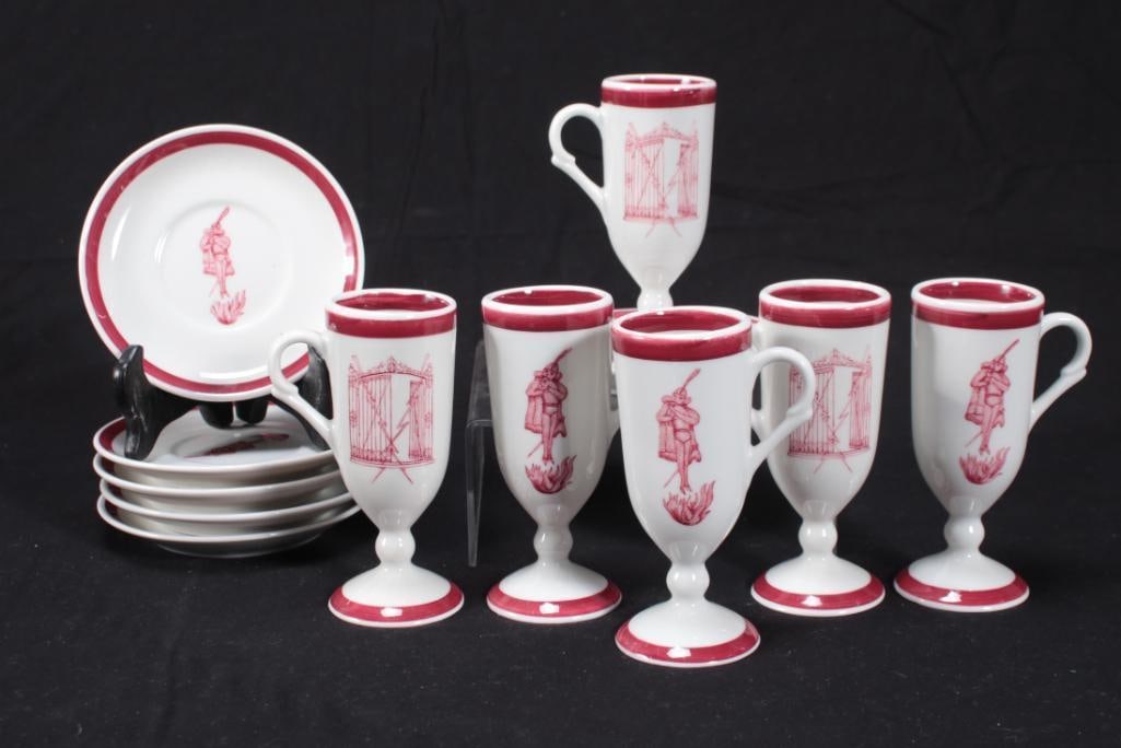 Six (6) Iron Gate Footed Cups and Saucers: Iron Gate Products, Co. New York; Flaming Diablo demitasse cups and saucers. Dimensions: H 4.75 x W 2 x D 2 inches NOTE: Good Condition
