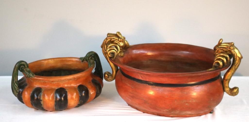 Pair of Terra Cotta Center Bowls: Italian, the first red oval with gilt acanthus handles, the second has a pumpkin design. Both marked "Made in Italy" and "Terra Olcana" signature . Measurement is for largest bowl. Dim