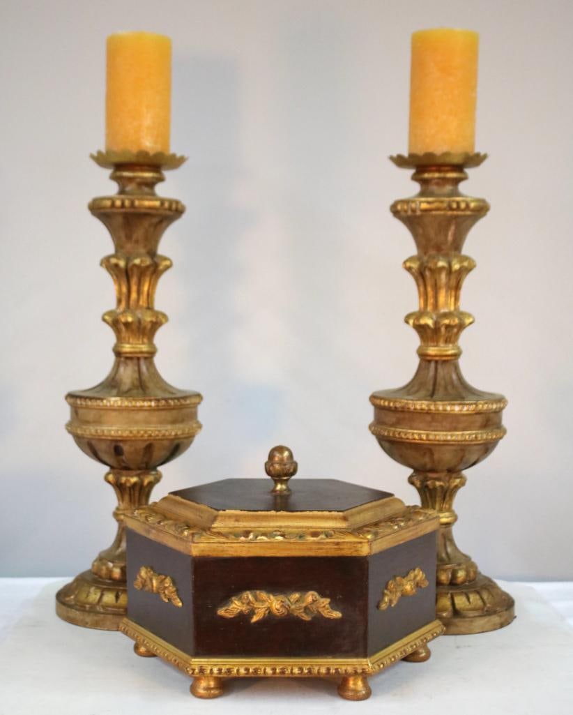 Pair of Italian Torchere' and Box: Pair of torchere, carved and gilded flowered festoons, pods, and grooves with associated box. Dimensions: H 21 x W 7 x D 7 inches NOTE: Good