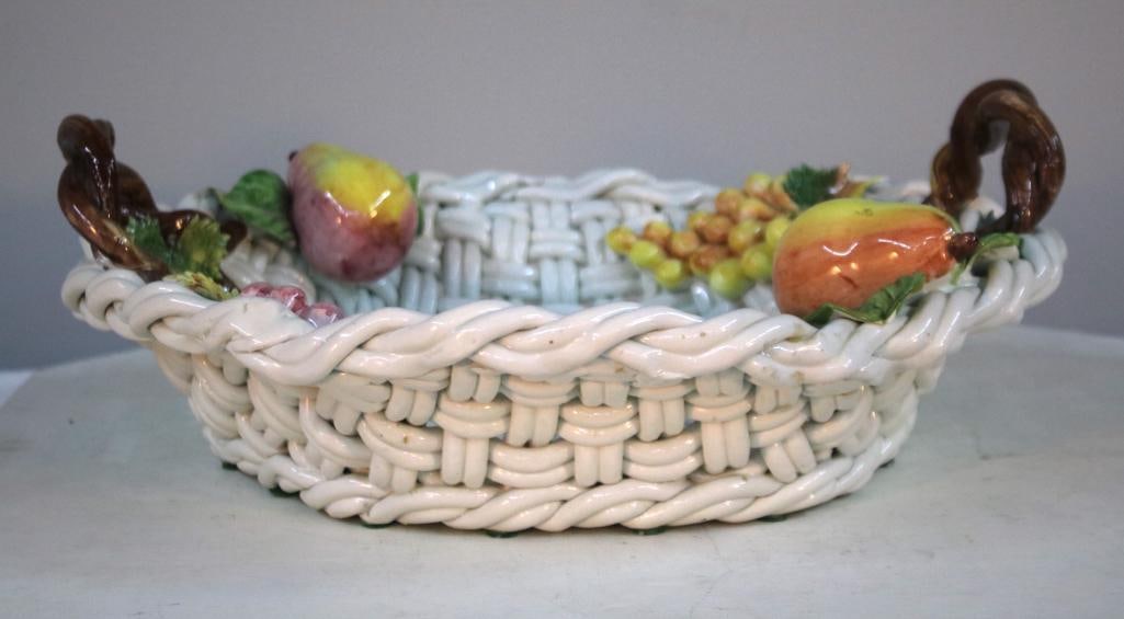 Italian Pottery Tray: Basketweave pattern with fruit. Dimensions: H 6.6 x W 18 x D 16 inches NOTE: Good