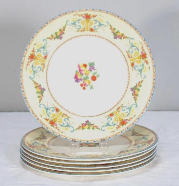 Six (6) Myott & Son Dinner Plates: Royal York pattern Dimensions: H 1 x W 11 x D 11 inches NOTE: Wear consistent with age and use