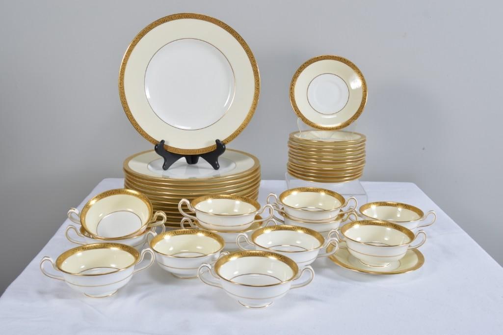 Thirty-Eight (38) Pieces Minton Westminster K154: 38 pieces including: 12 Dinner Plates (10.75 in.) 14 Cream Soup Bowls 12 Soup Plates Dimensions: H x W x D inches NOTE: 3 soup bowls repaired